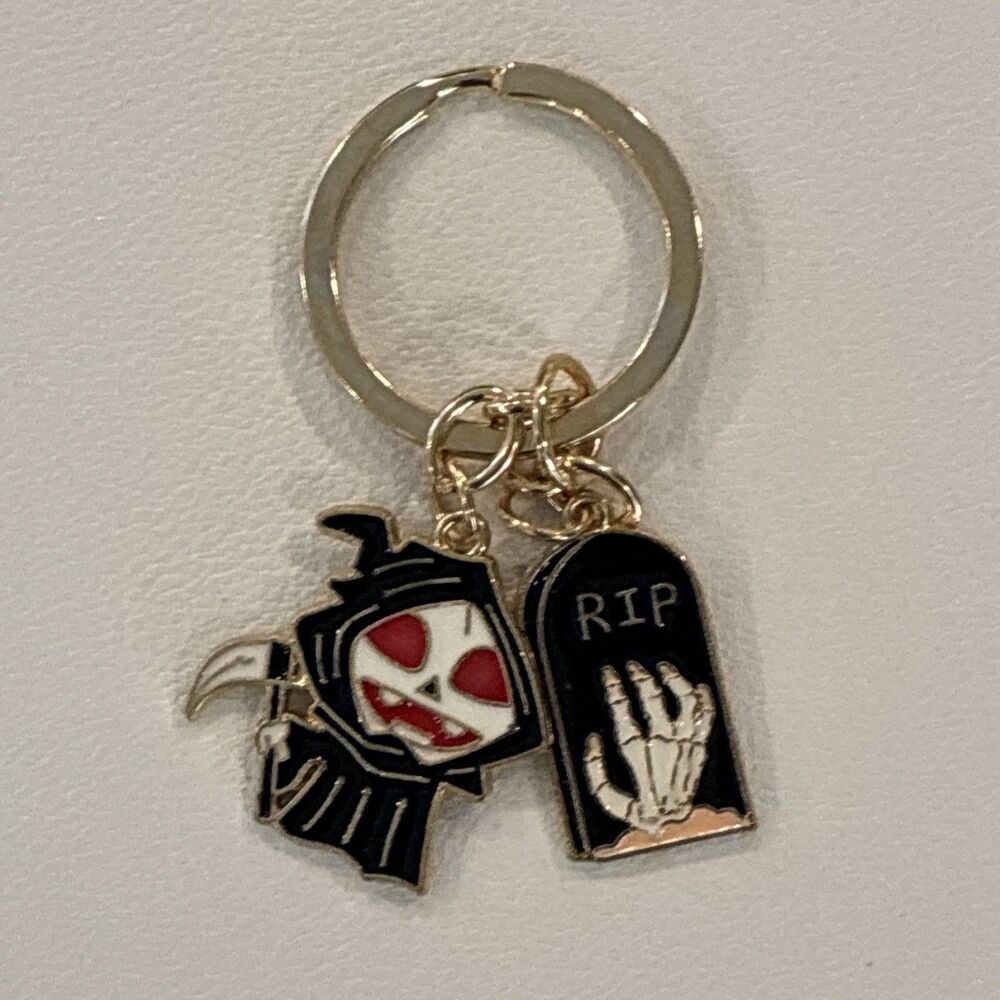 Halloween Grim Reaper Keychain RIP Tombstone Skeleton Hand Enamel Gold Tone